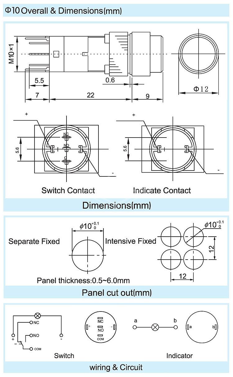 10mm push button switch 3 pins 1no1nc push button switch latching blue round electronic push button switch