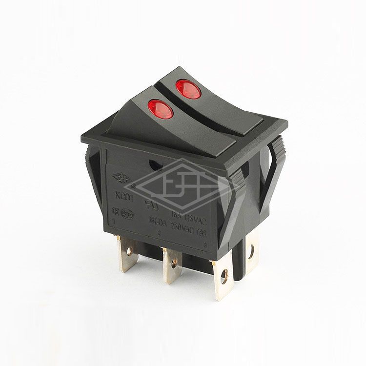 KCD1 DP-DT 6 pins red illuminated  rocker switch
