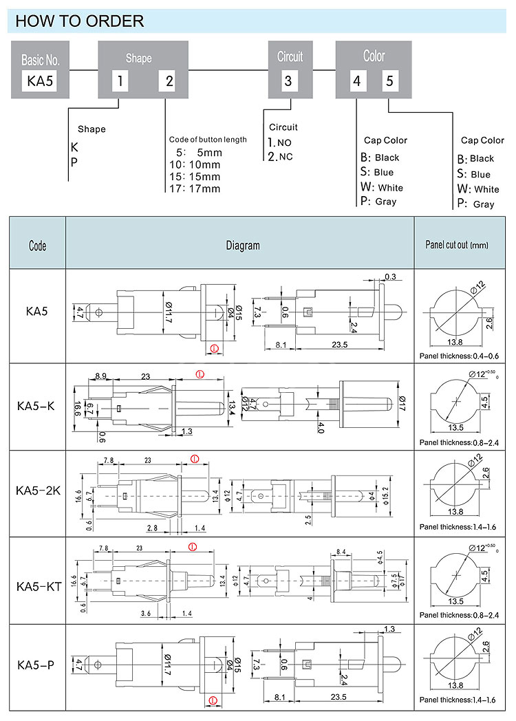 KA5 1A 250V 2 pin CQC certification china factory price push button switch for water dispenser