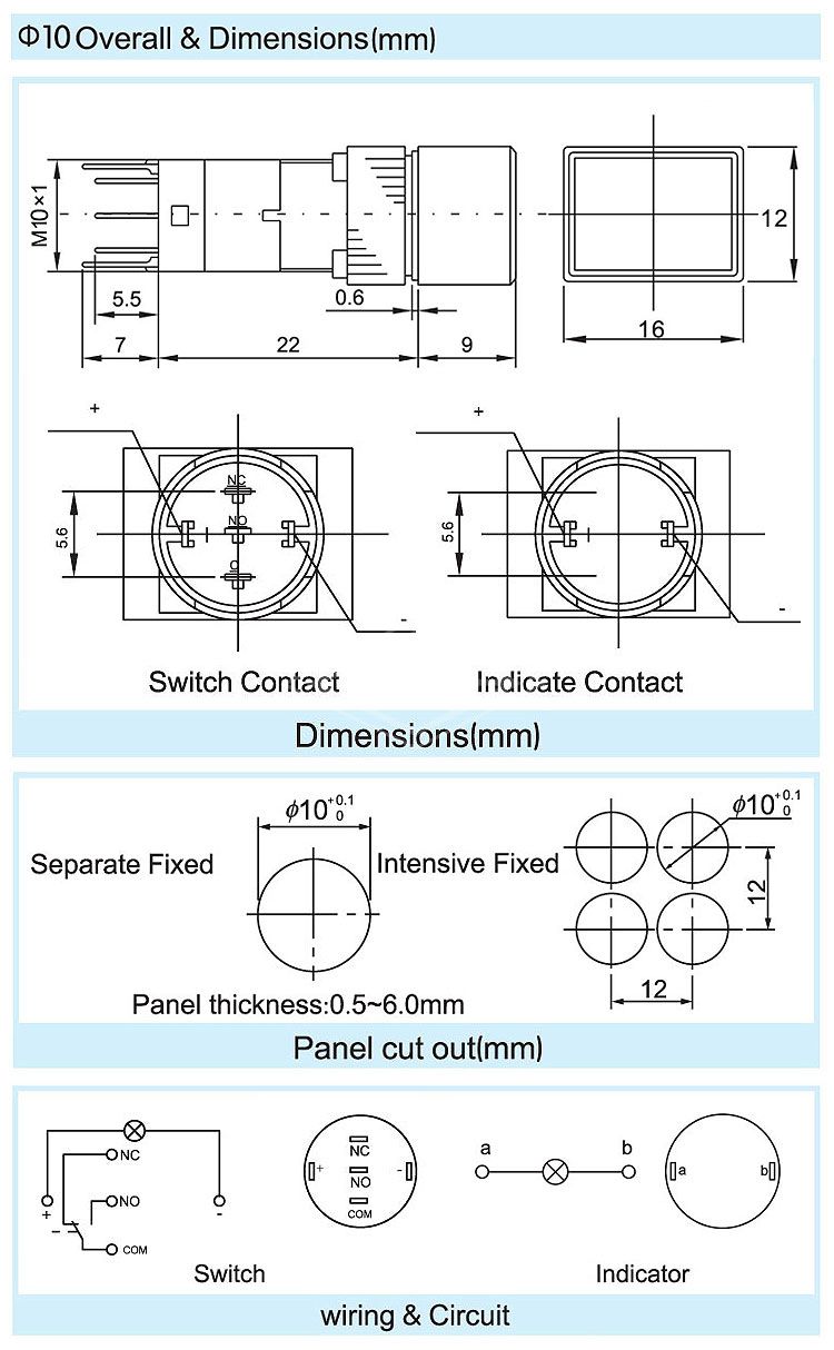 10mm 3 pins push button switch momentary rectangle push button switch