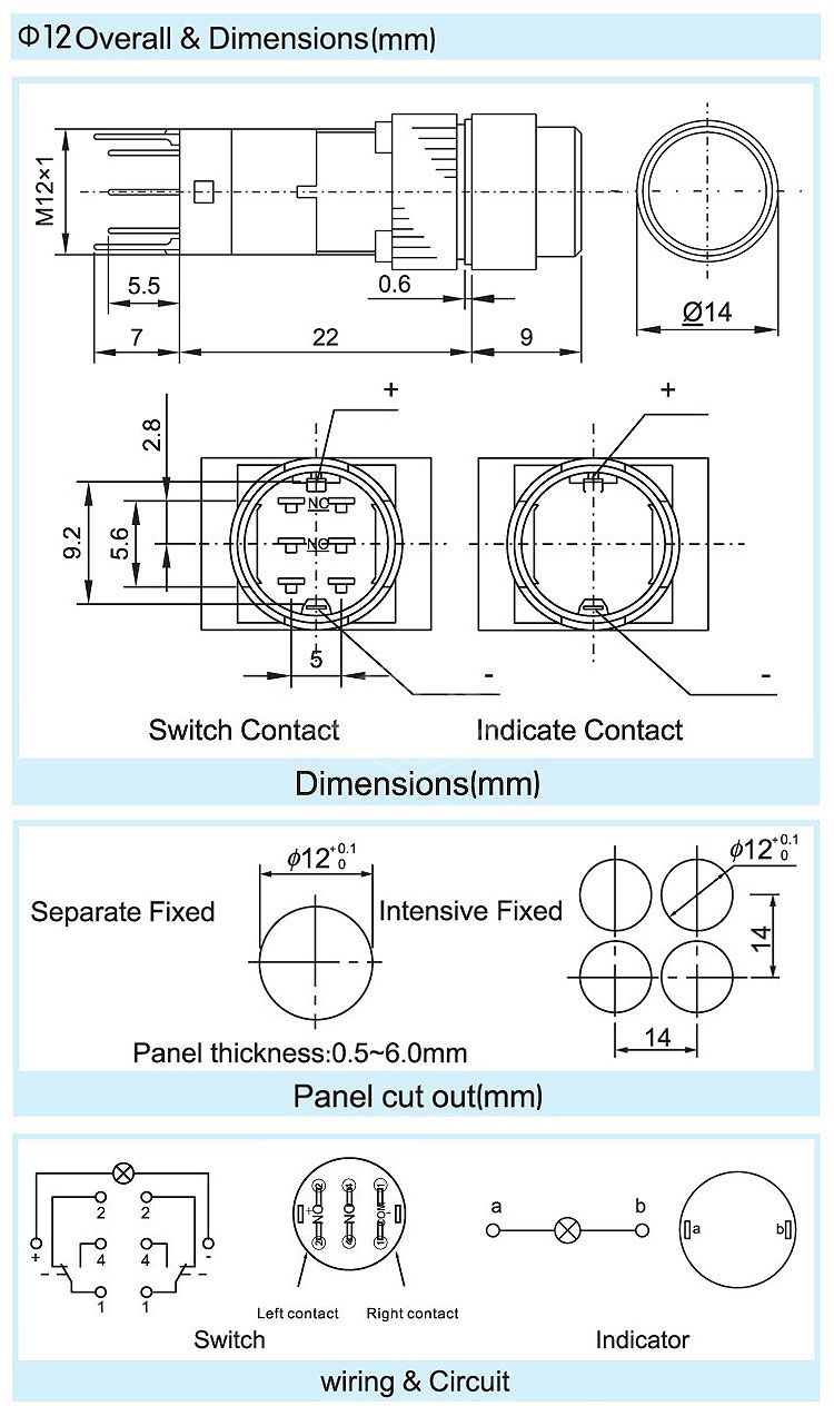 12mm led lighted panel mount electrical push button switch