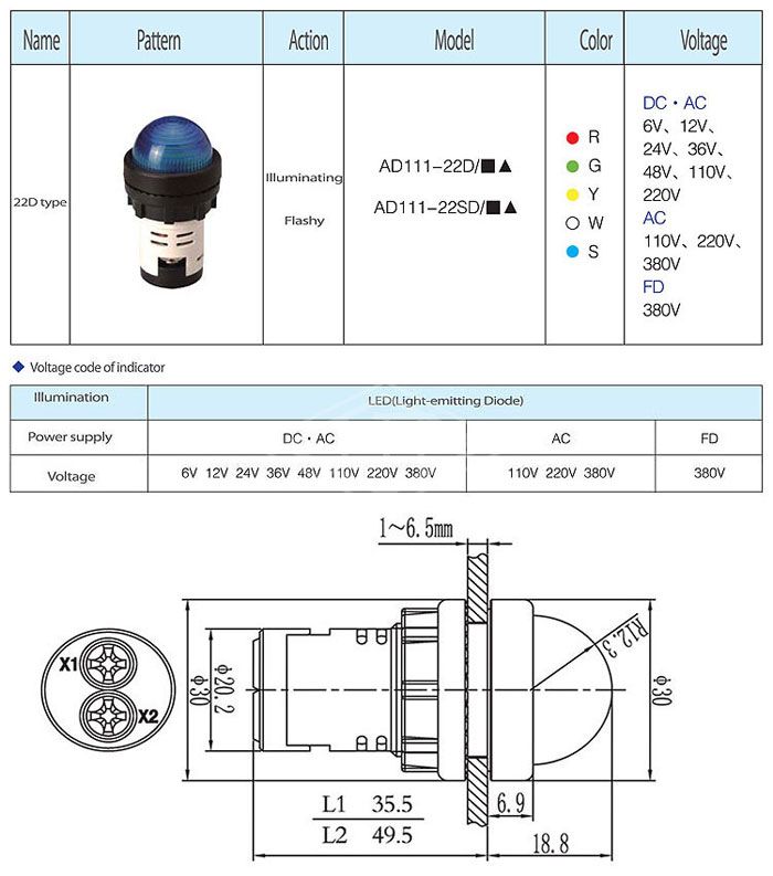 22mm 24vdc blue color dome-shaped indicator light