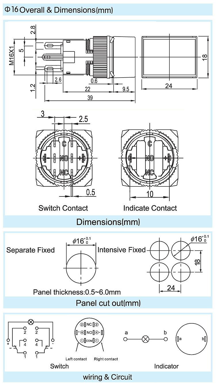 AD16 3pins single pole momentary rectangle push button switch