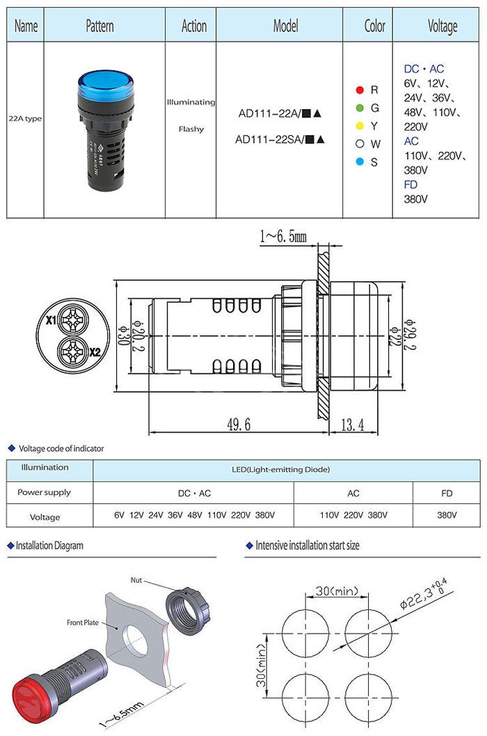 24vdc blue color led pilot light indicator lamp 22mm