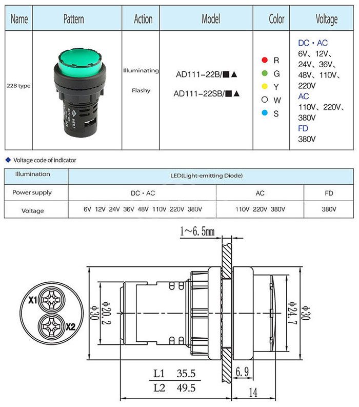 24v ac dc 22mm green led indicator light round indicator lights