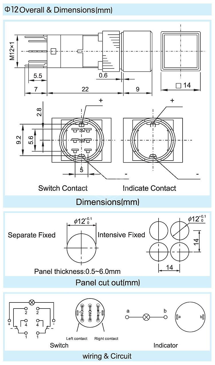 white square 2 pins 12v 24v mini indicator light