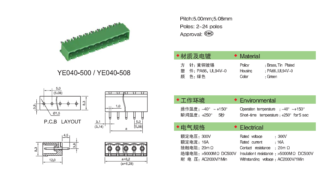 Factory direct sales 5.0mm 5.08mm plastic male terminal block connector green