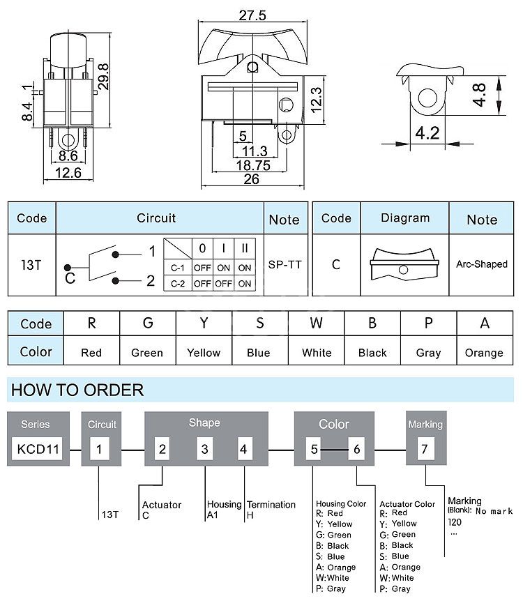 KCD11 SPTT 10a 250v white on off on  Rocker Switch